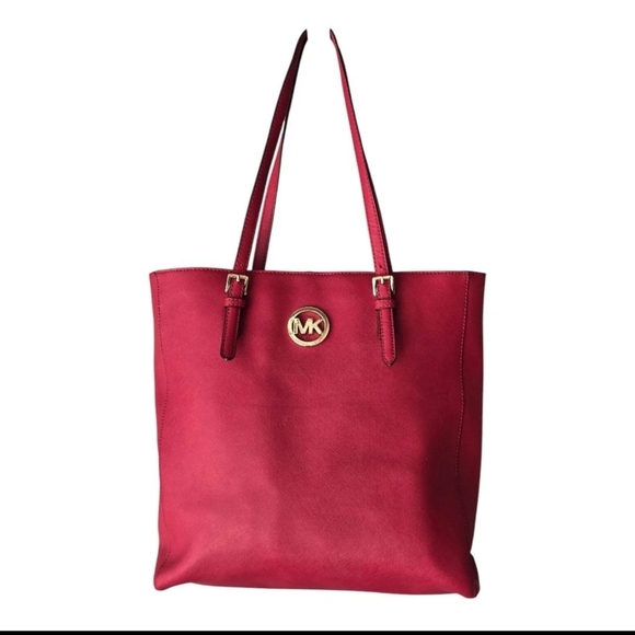 Michael Kors Handbags - Michael Kors Leather Saffiano Tote Red Classic  Gold Accents Logo